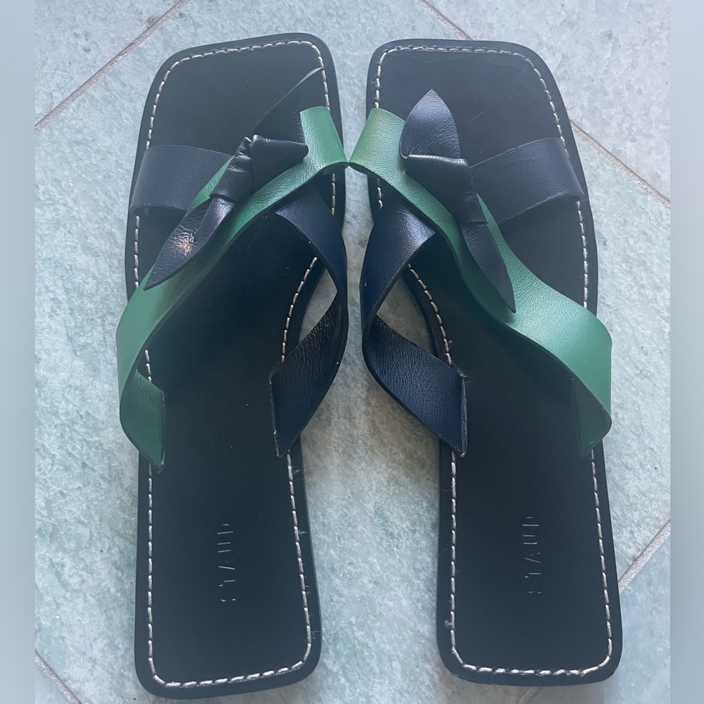 Staud Lei Leather Bow Slide Sandals